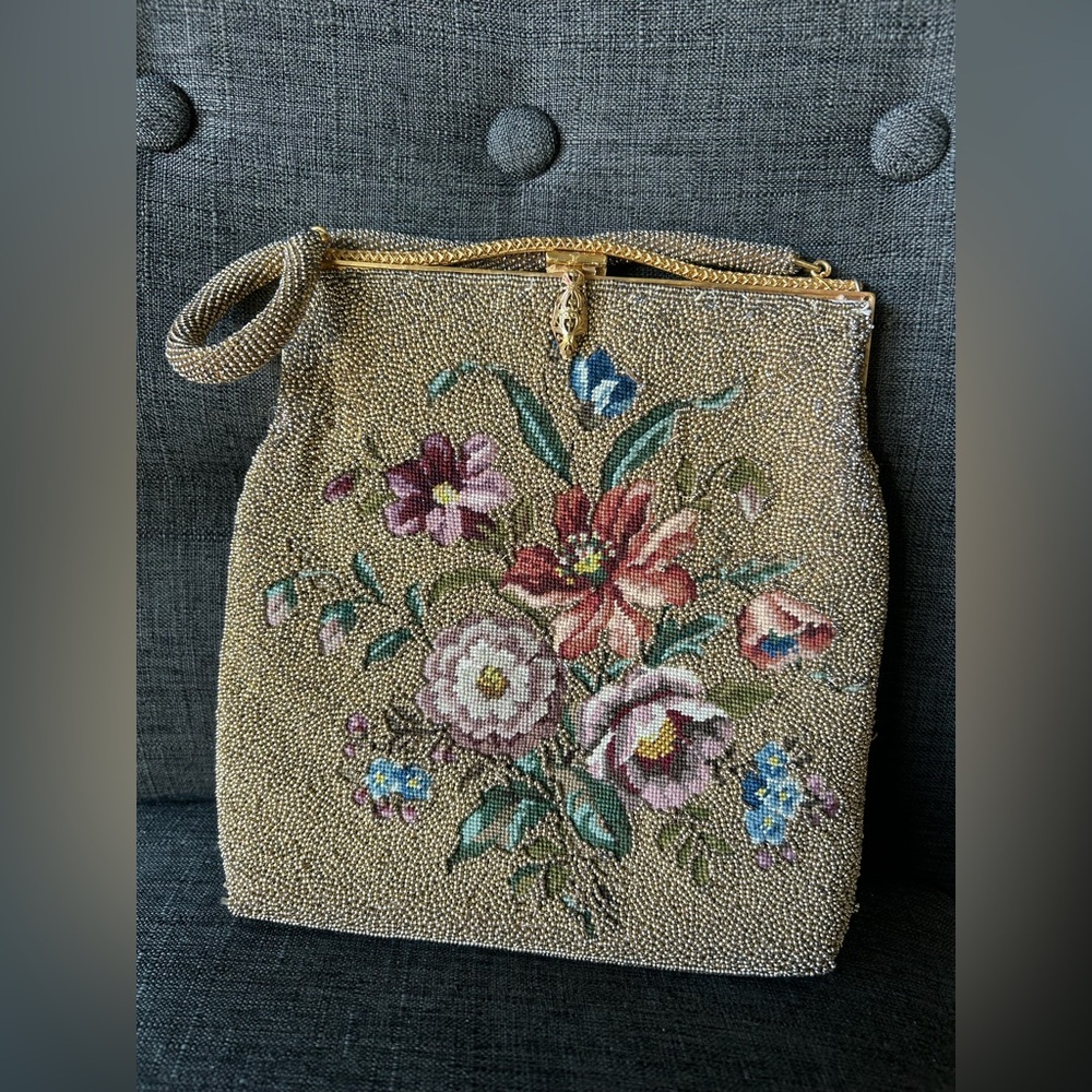 Vintage Beaded Tapestry Evening Bag Floral Design Gold Tone Frame & Handle 50s